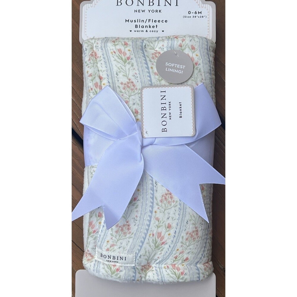 BONBINI Muslin Fleece Baby Blanket Pink Flowers Blue Scroll Reversible Faux Fur
